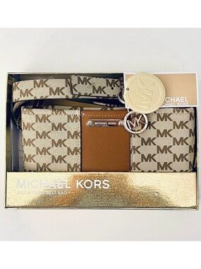 NWT Gorgeous Michael Kors L/XL Waist Fanny Pack Tan Brown Gold Monogram Belt Bag